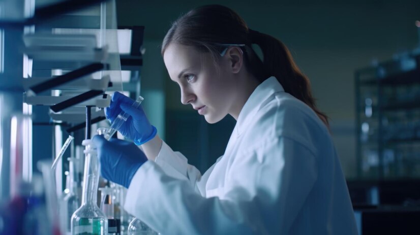 female biomedical scientist with white gown working laboratory with determination generative ai aig21 31965 148694